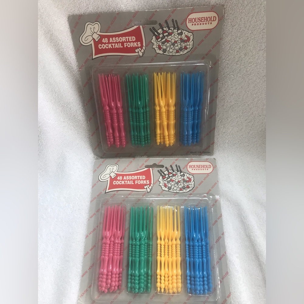 2 Pk Vintage Plastic Cocktail Forks Pink Green Yellow Blue by Household Products